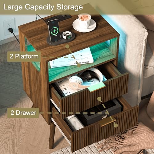 JOONEE Nightstand with Charging Station and LED Lights,Modern Bedside Table with 2 Storage Drawer and Open Wood Shelf, for Bedroom and Small Spaces,Night Stand with Solid Wood Legs,Walnut Brown - color: Walnut Brown