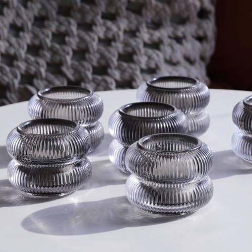 Woho Smoke Grey Votive Candle Holders Set of 6, Vintage Ribbed Tealight Candle Holder for Daily Home Decor, Classy Tea Light Candle Holder Glass for Living Room Table Decor(Grey, 2.1" H X 2.75" D) - color: Gray