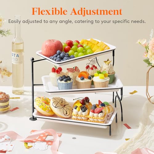 Lifewit 3 Tier Serving Tray, 30 x 17 cm/12 x 6.5" White Plastic Tiered Food Serving Platters, Rotating Tiered Tray Stand for Party with Black Collapsible Metal Stand, Dessert Table Stands for Cookies - size: 12" x 6.5", style: Rotatable