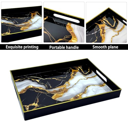 Serving Tray with Handles, 15.7 * 11.8 inches, Plastic Ottoman Tray with Exquisite Paintings, Trays for Coffee Table - color: Gilt Marble