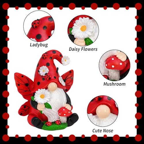 Ladybug Gnome Garden Decor, Fairy Gnome Figurine with Flowers, Spring Summer Outdoor Garden Decorations for Yard Lawn Patio, Garden Gifts for Women - color: Red