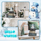 Yuntau 4 Pcs Winter Table Decoration Blue Snowman Decor Winter Tiered Tray Decor Christmas Centerpiece Decorative Wooden Snowman Block Sign Decoration for Home Kitchen - style: Snowman