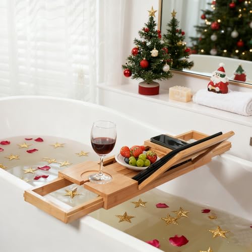 Utoplike Bamboo Bathtub Caddy Tray Bath Tray for Tub, Adjustable Bathroom Bathtub Organizer with Book Tablet Wine Glass Cup Towel Holder - color: 19.8-33.5 in
