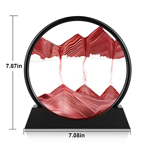 Moving Sand Art Picture - 3D Quicksand Painting Decor - Round Glass 3D Deep Sea Sandscape - Relaxing Home Decoration Desk Toys for Home Office Desk Mantle Bookshelf- (Red, 7 in) - color: Red, size: 7"