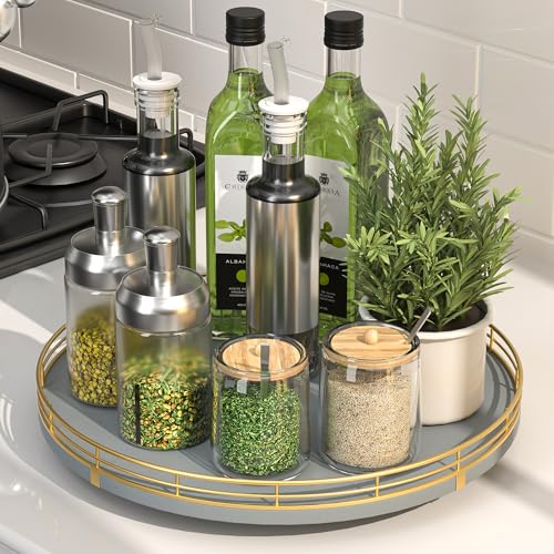 12" Wooden Lazy Susan Turntable for Cabinet – Roud Rotating Spice Rack Organizer, Gray Kitchen Countertop Tray for Dining Table & Pantry Storage （Gray & Gold） - color: Gray & Gold, size: 12