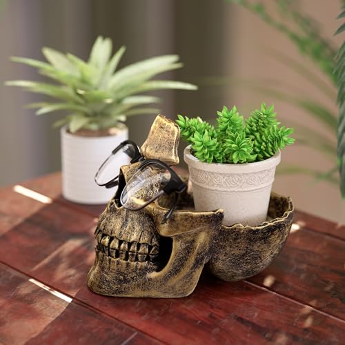 READAEER Skull Glasses Stand Holder, Creative Eyeglasses Holder, Sunglasses Spectacle Display Rack, Key Holder Resin Sculptures for Entryway, Home, Office, Desk, Nightstand (Bronze) - color: Bronze
