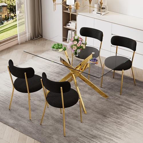 51'' Modern Glass Dining Table for 4, Rectangular Tempered Table Top Gold Base with 4 Luxury Black Gold Boucle Dining Chairs, 5 Piece Dining Room Table Set, Easy Assemble - color: Golden+black Gold Chairs, size: 51'' + 4 Chairs
