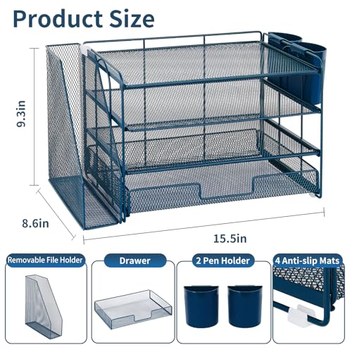 OPNICE Desk Organizer, 4-Tier Desktop File Organizer with Drawer and 2 Pen Holders, Office Desk Accessories, File Sorters, Workspace Organizers for Office Supplies(Dark Blue) - color: Dark Blue, size: 4-Tier