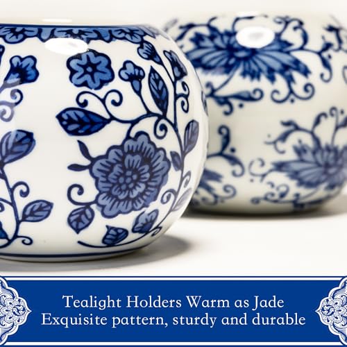 One Pair Classic Celadon Tealight Holder Set, Chinoiserie Blue and White Porcelain from Jingdezhen, Candle Holder for Housewarming Gifts and Home Decoration (W 3.54 in x H 2.76 in)