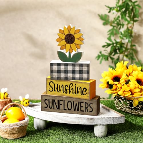 Yuntau 4 Pcs Sunflower Decorations Sunflower Wooden Sign Sunshine Table Centerpiece Summer Tiered Tray Decor Decorative Faux Book Stack Block for Coffee Table Fireplace Mantel Floating Shelf - style: Sunflower
