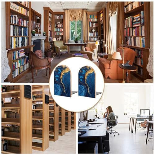 Heavy Duty Book Shelf Holder for Books, Book Ends with Non-Slip Mats, Portable Luxury Marble Texture Gold and Blue Bookends Easy to Install - color: Picture(458)