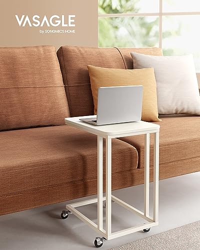 VASAGLE End Table, C Shaped TV Tray with Metal Frame Rolling Casters for Coffee Laptop Mobile Tablet, Industrial Side Table for Living Room Bedroom, 19.7 x 13.8 x 23.6 Inches, Cream White ULNT050W77 - color: Cream White