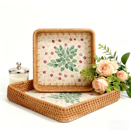 1 pcs Rectangle Rattan Serving Tray with Mother of Pearl Inlay, Decorative Wicker Tray for Coffee, Bread, Fruits, Elegant Table Decor for Living Room & Dining Room - color: Beige - Green & Pink Garden