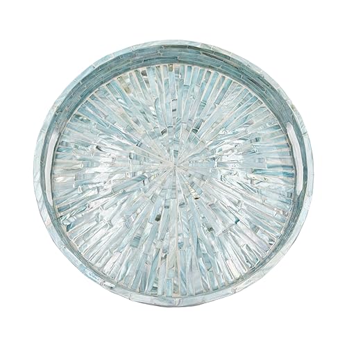 PEMAR 12.6” Mother of Pearl Round Serving Tray with Handles, Decorative Nacred Wooden Ottoman Coffee Table Tray (Teal Sunlight) - color: Teal Sunlight
