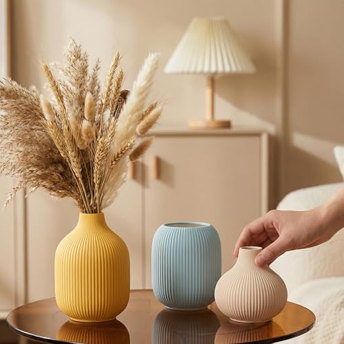 Set of 3 Small Matte Vibrant Ceramic Vases in Light Blue, Mustard Yellow and Beige - Modern Minimalist Ribbed Decor for Centerpiece, Farmhouse Living Room, Kitchen Shelf, Gift Idea - color: Round-white/Blue/Yellow