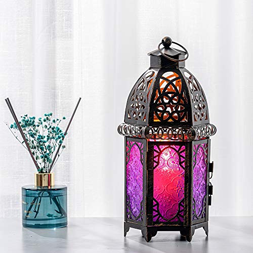 Halloween Decorations Indoor, Purple Decorative Candle Lantern for Moroccan Light Decor, 12.8’’ Vintage Metal Hanging&Tabletop Lantern, Ramadan Lantern for Home Outdoor Patio(Purple) - color: Purple - 12.8''h, size: Large