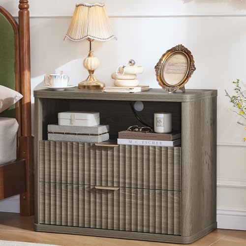 LEYAOYAO 31" Wide Fluted Nightstand with Charging Station, Oversized Extra Large 2 Drawers Night Stand,Grey Wood Bedside Table,Tall Bed Side End Tables,Modern Chest of Drawers Dressers for Bedroom - color: Grey, size: 2 Drawers