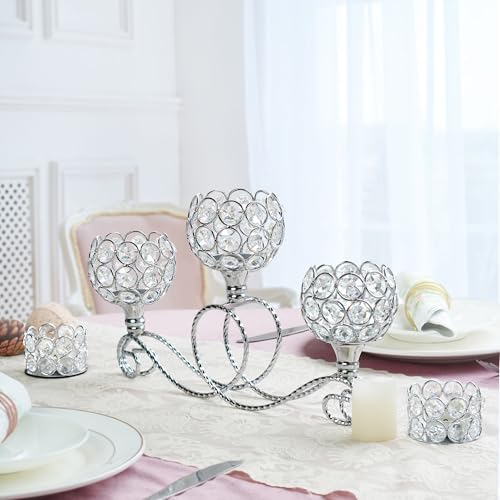 Silver 2 Pcs-3Arm Metal Crystal Tea Light Candle Holder, Elegant Wedding Table Centerpiece Candle Holder, Christmas Wishing Crystal Bowl Candle Holder Suitable for Wedding Party Living Room Decoration - color: Silver, size: Set of 2