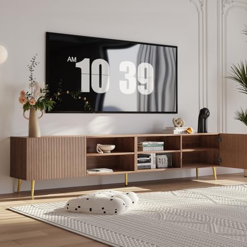 Modern 86in TV Stand for Living Room, Fluted Design Entertainment Center with Adjustable Shelves,Media TV Console Table with Storage for Bedroom,Walnut - color: Walnut