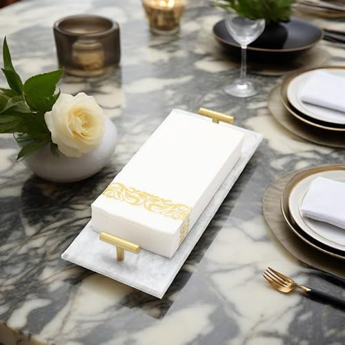 Napkin Holder - Guest Towel Holder for Bathroom - Marble Paper Towel Holder - Hand Towel Tray with Gold T-Handle(11.8x4.7x1.7 Inchs) - color: White