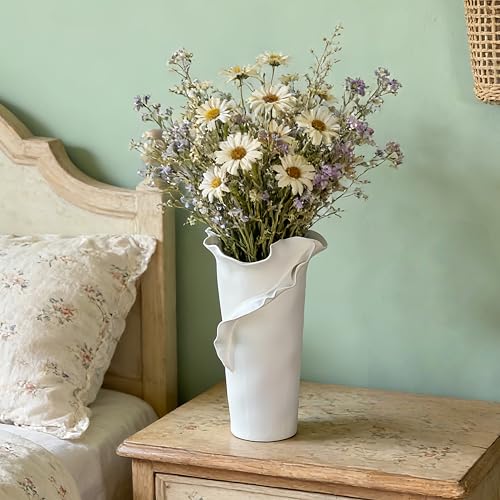 Abstract Irregular Ceramic Vase, White Irregular Pottery Vase, Handmade Decorative Minimalist Flower Vases for Modern Home, Tabletop, Shelf & Office - size: 21" x 20" x 32"