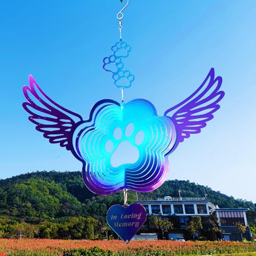 Pet Memorial Wind Spinners, Cat Memorial Gifts,Stainless Steel Angel Wings Pet Paw Print,Dogs and Cats Remembrance, Pet Sympathy,Pet Loss Bereavement Gifts - color: Purple-blue Paw Print