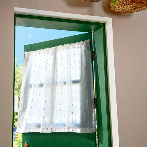 jinchan Semi Sheer Kitchen Curtains for Window 24 Inch Mini Pom-Pom Voile Tier Curtains Light Filtering Small Drapes for Bedroom Living Room Rod Pocket 2 Panels Blush Meadow - color: Dottie Blush Meadow, size: 26"W x 24"L (Pack of 2)