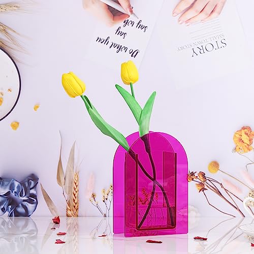 Hot Pink Acrylic Vase, Modern Acrylic Geometric Wide Mouth Small vase, Hot Pink Flower Vase for centerpieces Desk Flower Bud vase, for Living Room Table, Office, Wedding - color: Dd