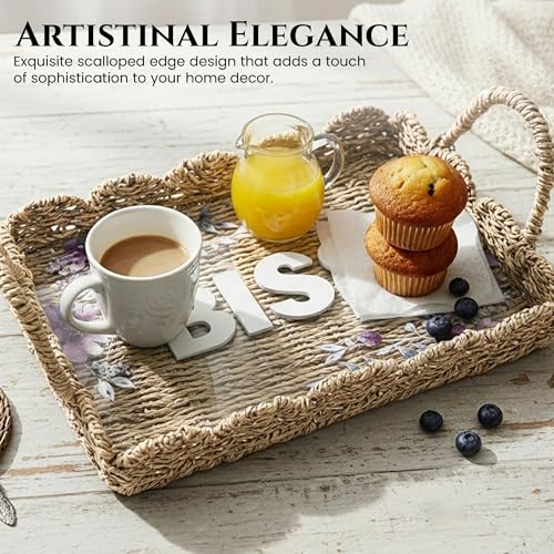 BISS Scalloped Rattan Serving Tray with Removable Floral Transparent Board – Natural Rattan Decorative Wicker Tray with Foldable Handles & Scalloped Edge – Wicker Woven Tray for Coffee Table, Dining