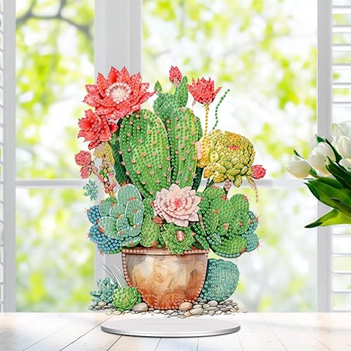 5D Tabletop Diamond Art Kit Cactus Pot, Stand Up Special Shaped Crystal Diamond Art Desktop Kits for Adults, DIY Diamond Art Painting Kits Craft Gift (Green) - color: Cactus Pot