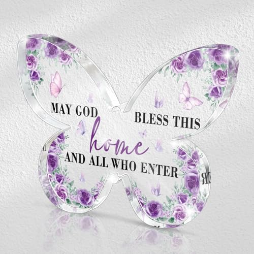 May God Bless This Home" Butterfly Acrylic Sign - Purple Scripture Decor for Entryway/Table, Christian Home Blessing, Family Prayer Gift & Welcome Decor 4.7 x 3.2 Inch - color: Purple 43