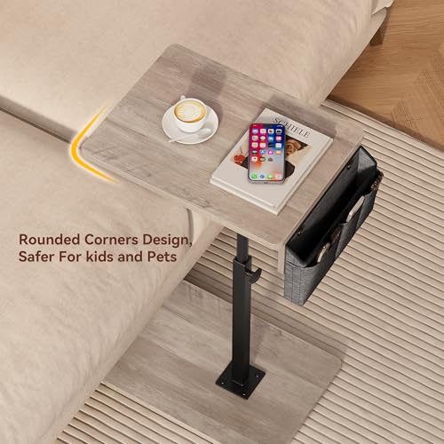 Vagusicc Sofa Armrest Tray Table for Couch, 360° Swivel Height Adjustable TV Tray Table for Small Spaces, Snack Side Table for Couch, Bed, Chair, C Shaped End Side Table for Eating, Reading, Laptop - color: Greige, style: With Storage Bag