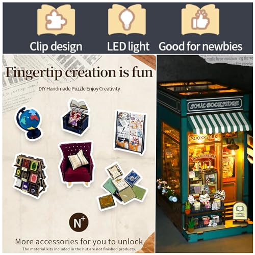 MEINESQIS Book Nook DIY Miniatures Book Nook Kit Store 3D Creative Decorative Bookend Bookshelf Insert Wooden Puzzle with Led Suitable for Teenagers Adults Halloween Christmas Decoration Gifts, Blue