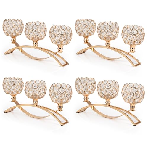 4Set Gold Crystal Candle Holders Decorative Candelabra for Wedding Centerpiece,Metal 3 Arms Candlesticks Holder Stand for Dining Table Living Room Home Decor, Party, Anniversary,Halloween,Christmas - size: 4 Pieces 5.5" tall