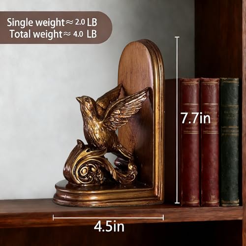 Set of 2 Vintage Bird Bookends, Decorative Bookends for Shelves, Book Ends for Heavy Books (Gold Bird) - color: Gold Bird