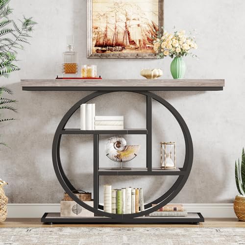 Tribesigns 41.3" Console Table, Industrial 4-Tier Sofa Table Entryway Table with Circle Base, Narrow Wood Accent Tables with Storage Shelves for Living Room, Hallway, Foyer, Gray | Industrial, Sofa Table, Entryway Table, Narrow, Accent Tables, Storage She
