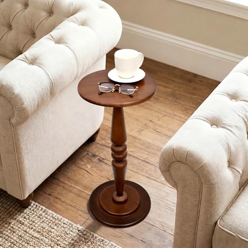 SwallowLiving Round Pedestal Side Table – Solid Pine Wood Drink Table for Small Spaces, 25" Tall Narrow End Table for Living Room & Bedroom, Vintage Brown Accent Furniture (12" Diameter) - color: Brown Spindle