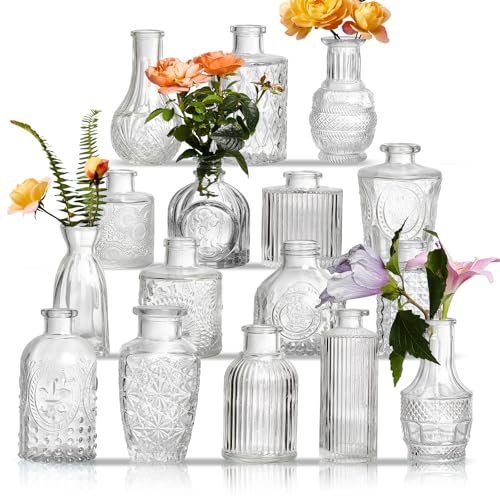 Glass Bud Vases Set of 16 - Assorted Small Mini Glass Vases for Flowers, Crystal Vintage Vase Set, Bulk Centerpieces for Table Décor, Wedding, Home and Events (Clear, 16 Pcs) - color: Clear, size: 16 Pcs