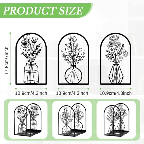 Sanwarm Metal Bookends Flower Vase Floral Book Ends Decorative Bookend for Home Office Library Desk Book Shelves Decor, Gift for Reading Enthusiasts Non-Skid Book Stoppers Holder (Black 3 Pair) - color: Floral