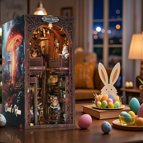 Book Nook Kit, Book Nook Kits for Adults DIY Booknook Model Build, DIY 3D Wooden Puzzle Bookend Booknook Bookshelf Insert Miniature Dollhouse Kit for Home Decoration - style: Dwarfs's House