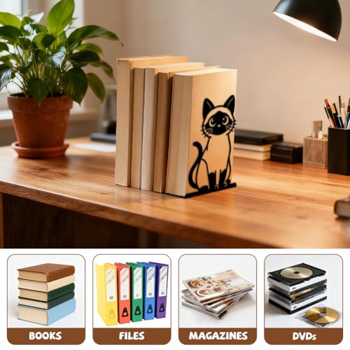 Peacoblue Metal Bookends for Shelves, Modern Decorative Heavy Duty Study Book Ends Stoppers for Office, Desk, Shelf, Room 5.3"x4.3"x7.9" Cast Iron Simple Tall Bookends 1 Pair (Siamese Cat) - style: Siamese Cat