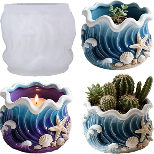 1Pc Blue Wave-Patterned Resin Casting Silicone Jar Mold Ocean-Themed Seashell Candle Silicone Mold for Home Decoration Candlesticks Flower Pots Plaster Cement Concrete Epoxy Storage Boxes - color: Blue Wave Resin Mold