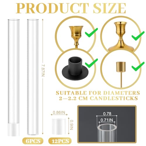 6 Pack 7.9” Acrylic Bud Vase — Cylinder Bud Vase for Taper Candlesticks, Flower Vase with Silicon Rubber Case Fits Candlestick Size 20-22mm, Perfect for Tablescapes, Weddings & Home Decor - size: 6 PC Solid