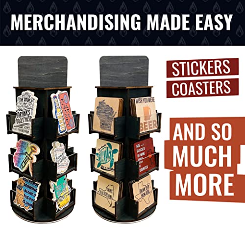 Rotating Display Stand, 3 Tier Wooden Organizer, 4-Sided Display Rack, 360 degree Spinning Multi-Pocket Tabletop Display Stand for Coasters, Stickers, Retail, Showcase, Tradeshow, 17”H, Ebony Color - style: EBONY