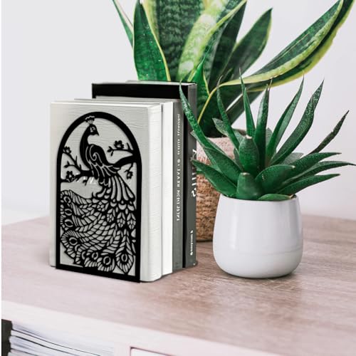Peacoblue Metal Bookends for Shelves, Modern Decorative Heavy Duty Study Book Support Stoppers for Office, Desk, Shelf, Room 5.3"x4.3"x7.9" Cast Iron Simple Tall Bookends, 1 Pair (Peacock) - style: Peacock