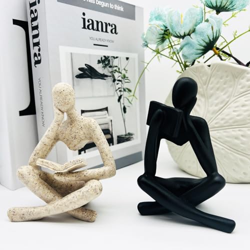 2 Pcs Home Decor Sandstone Reading Thinker Statue Modern Figurines Abstract Aesthetic Sculpture Thinker Statuettes of Resin for Home Decoration Living Room Office Bookshelf Shelf Table