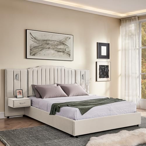 Luxury Queen Size Bed Frame with LED Lights and Nightstands, Modern Velvet Upholstered Platform Bed Frame with Oversized Headboard, Buttons Around, No Box Spring Needed, Beige | Breathable material - color: Beige-velvet, size: Queen