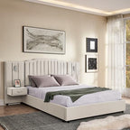 Luxury Queen Size Bed Frame with LED Lights and Nightstands, Modern Velvet Upholstered Platform Bed Frame with Oversized Headboard, Buttons Around, No Box Spring Needed, Beige | Breathable material - color: Beige-velvet, size: Queen