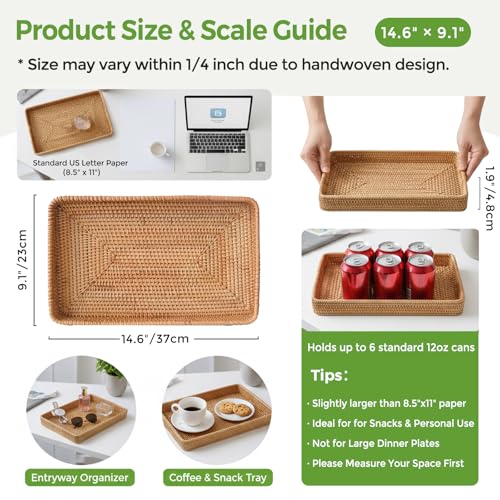 Wicker Storage Basket, Rattan Tray Rectangular for Bathroom Living Room, Decorative Serving Woven Trays Wicker Baskets for Organizing, Woven Seagrass Tray for Storage Home Decor L(14.6" × 9.1") - style: M (14.6" × 9.1")