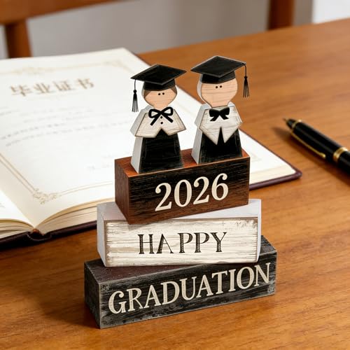 2026 Graduation Table Decorations Class of 2026 Senior Tiered Tray Decor Wooden Block Signs Farmhouse Congrats Grad Tabletop Party Centerpiece for Tables Wooden Sign for Home Decor - style: graduate